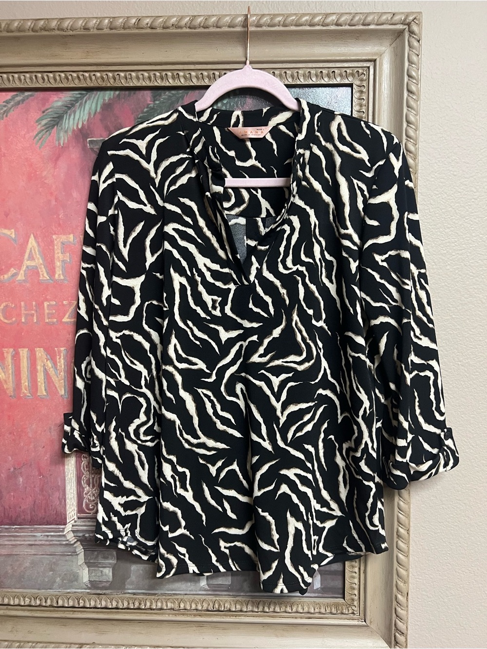 Amana Black and Cream Animal-Print V-Neck Blouse